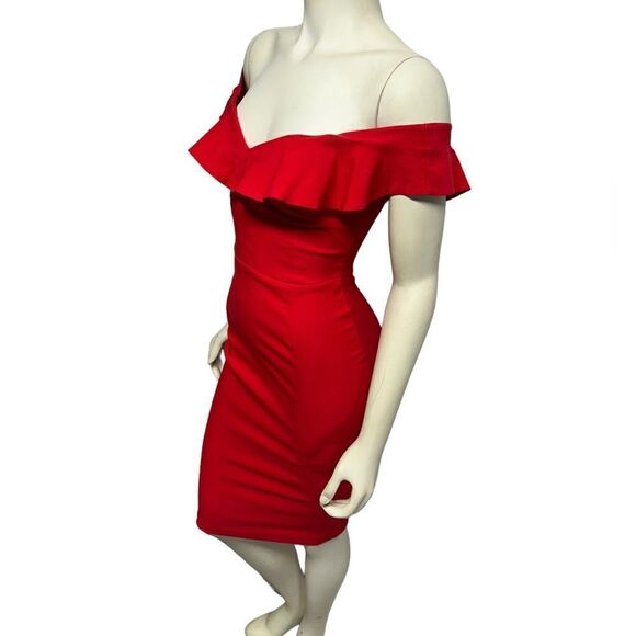 Vesper Red Knee Length Bodycon Dress Off Shoulder Fitted Sexy Red Party Cocktail - Picture 4 of 10